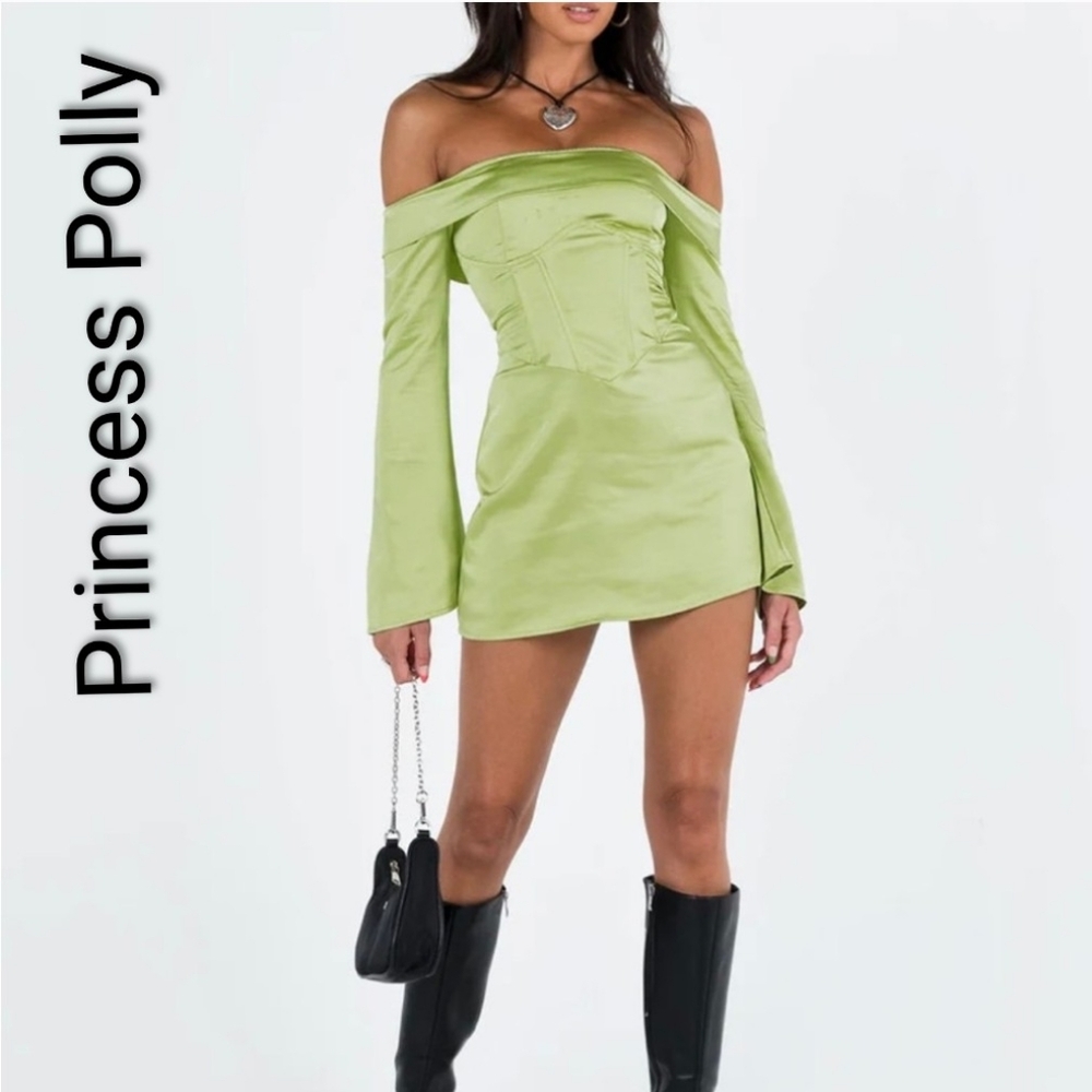 NWT Princess Polly Off-Shoulder Light Green Satin Mini Dress